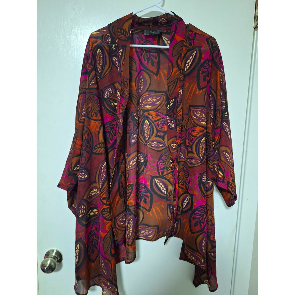 Slinky Brand Fall Leaf Print Open Front Duster Kimono Jacket Womens 3X USA